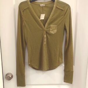 Intimately Free Olive Green Long Sleeve V-Neck Top With A Pocket